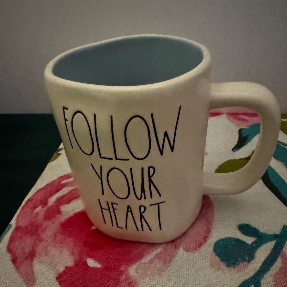 Rae Dunn Follow Your Heart White with Blue Interior Coffee Tea Mug Collectible